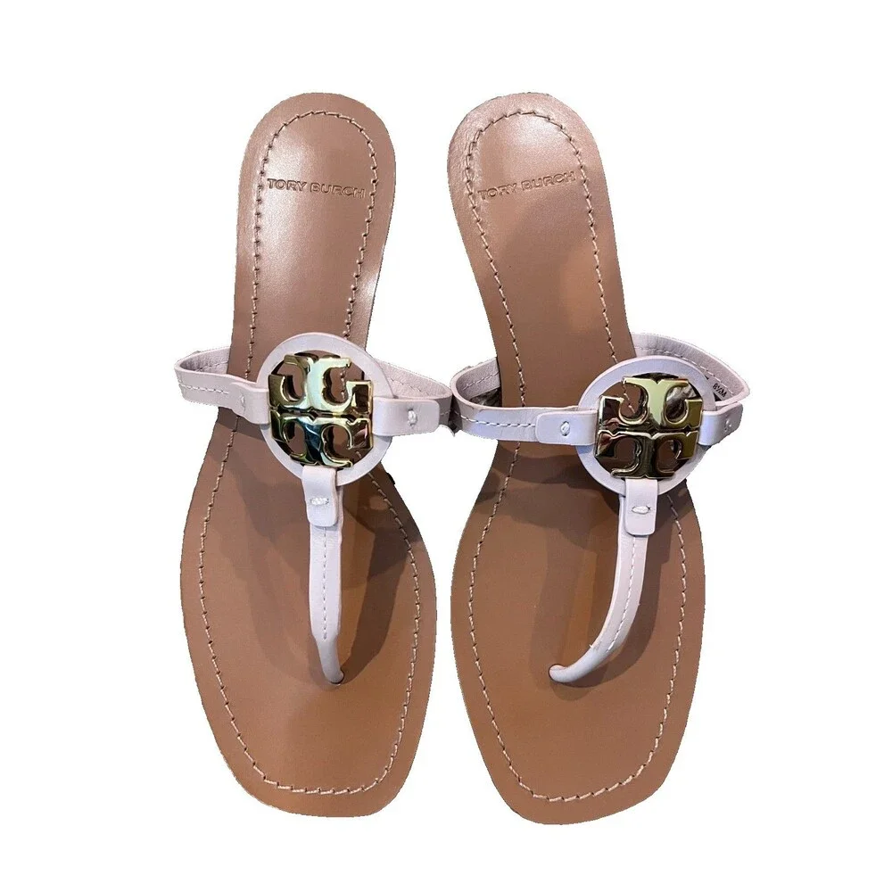Tory Burch Mini Miller Sandal Square Toe Size 8.5 Pale Pink Gold Leather Thong